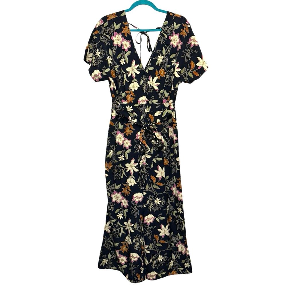Blu Pepper Navy Floral Jumpsuit Boho Tie Waist Wide Leg Size Large
